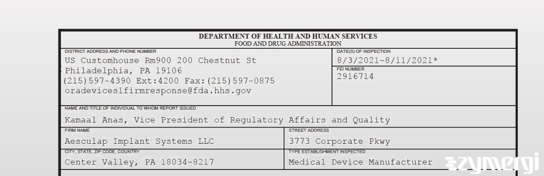 FDANews 483 Aesculap Implant Systems LLC Aug 11 2021 top