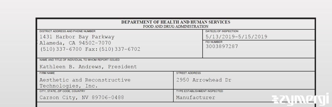 FDANews 483 Aesthetic and Reconstructive Technologies, Inc. May 15 2019 top