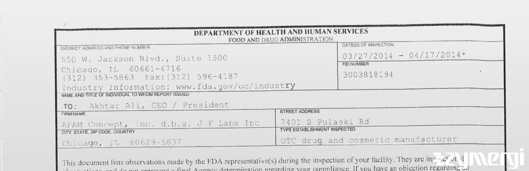 FDANews 483 AFAM Concept, Inc. d.b.a. J F Labs Inc Apr 17 2014 top