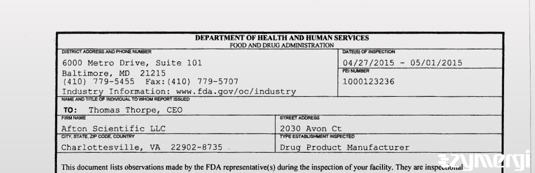 FDANews 483 Afton Scientific, LLC May 1 2015 top