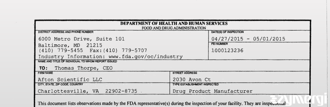 FDANews 483 Afton Scientific, LLC May 1 2015 top