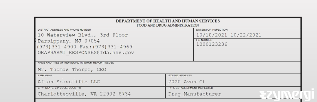 FDANews 483 Afton Scientific, LLC Oct 22 2021 top