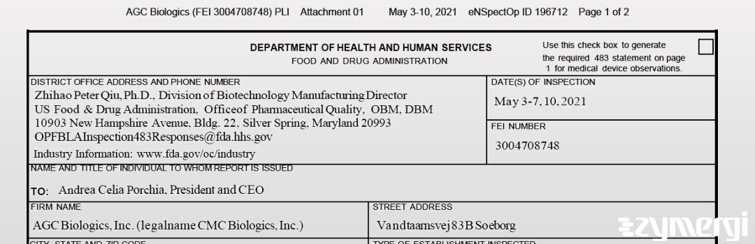 FDANews 483 AGC Biologics A/S May 10 2021 top