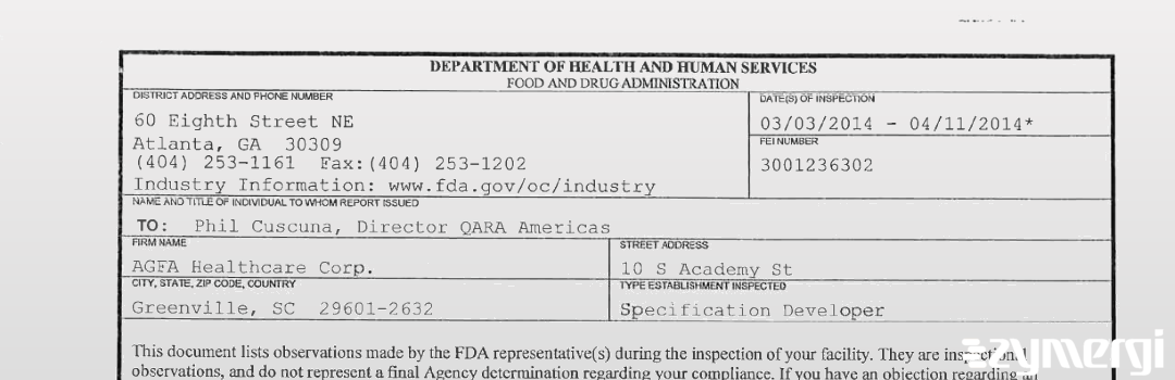 FDAzilla 483 AGFA Healthcare Corp. Apr 11 2014 top