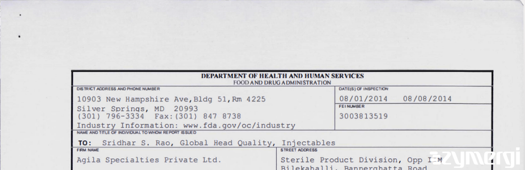 FDANews 483 Agila Specialties Private Ltd. Aug 8 2014 top