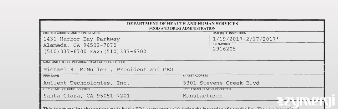 FDANews 483 Agilent Technologies Inc Feb 17 2017 top