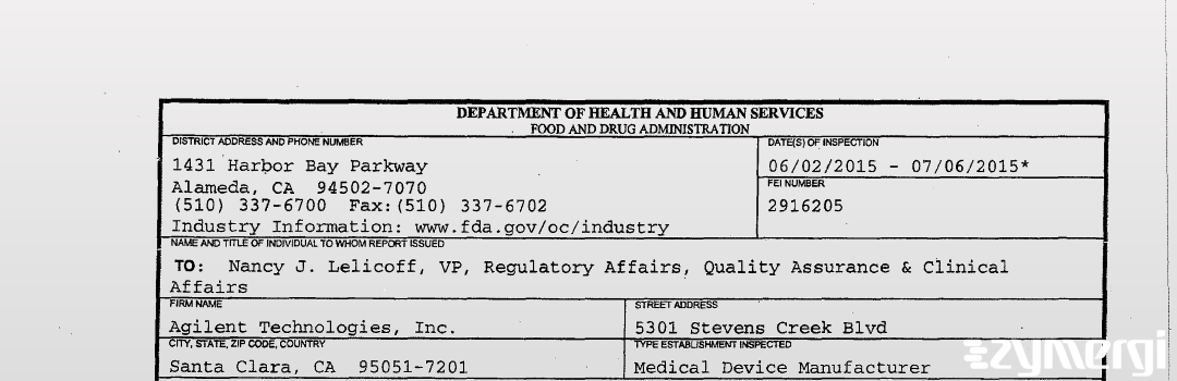 FDANews 483 Agilent Technologies Inc Jul 6 2015 top