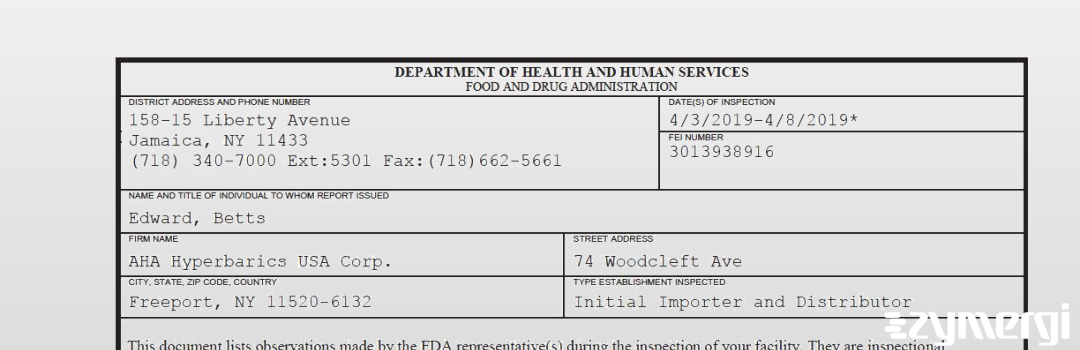 FDANews 483 AHA Hyperbarics USA Corp. Apr 8 2019 top