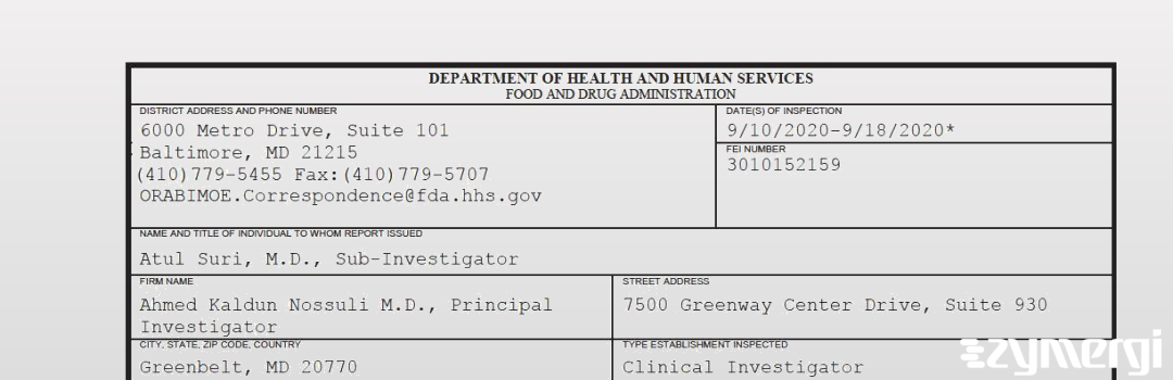 FDANews 483 Ahmed Kaldun Nossuli M.D., Principal Investigator Sep 18 2020 top