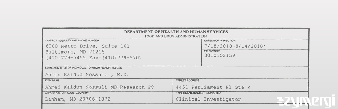 FDANews 483 Ahmed Kaldun Nossuli MD Research PC Aug 14 2018 top