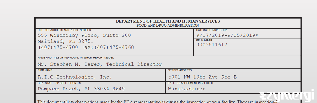 FDANews 483 A.I.G Technologies Inc. Sep 25 2019 top