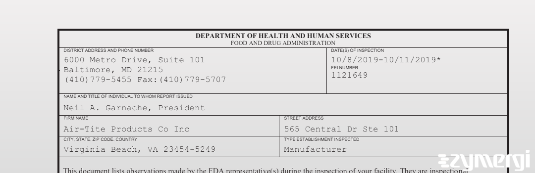 FDANews 483 Air-Tite Products Co Inc Oct 11 2019 top