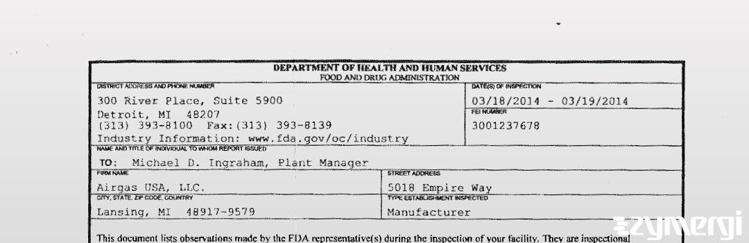 FDANews 483 AIRGAS USA, LLC. Mar 19 2014 top