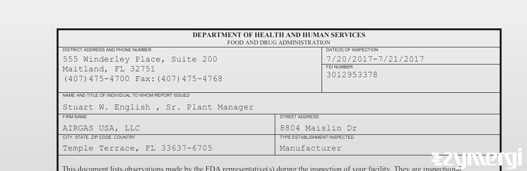 FDANews 483 AIRGAS USA, LLC. Jul 21 2017 top