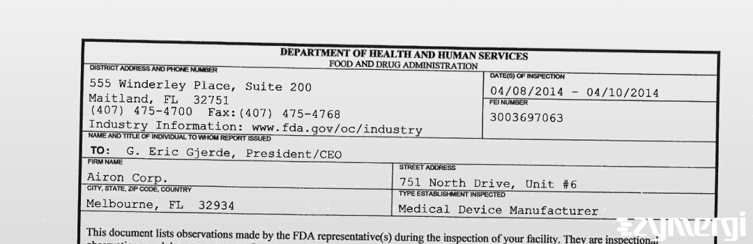 FDANews 483 Airon Corporation Apr 10 2014 top