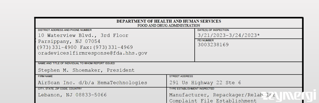 FDANews 483 AirScan Inc. d/b/a HemaTechnologies Mar 24 2023 top