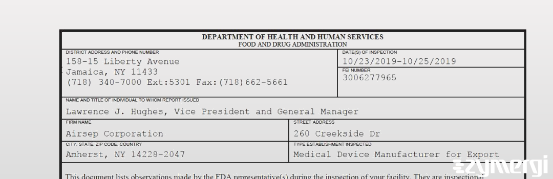 FDANews 483 Airsep Corporation Oct 25 2019 top