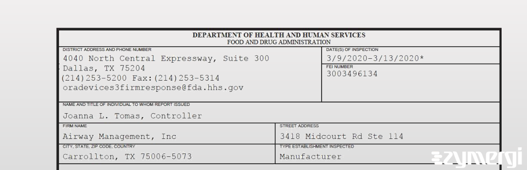 FDANews 483 Airway Management, Inc Mar 13 2020 top