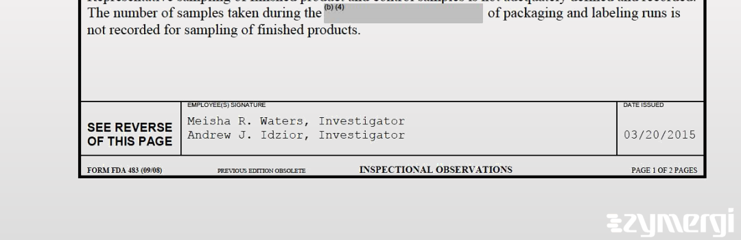 Meisha R. Waters FDA Investigator Andrew J. Idzior FDA Investigator Meisha R. Sampson FDA Investigator 