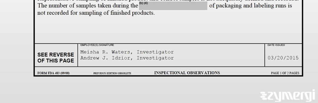 Meisha R. Waters FDA Investigator Andrew J. Idzior FDA Investigator Meisha R. Sampson FDA Investigator