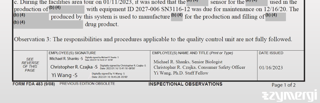 Michael Shanks FDA Investigator Christopher R. Czajka FDA Investigator Yi Wang FDA Investigator 