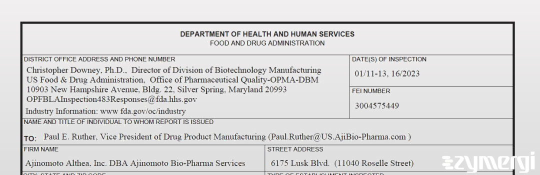 FDANews 483 Ajinomoto Althea, Inc. Jan 16 2023 top