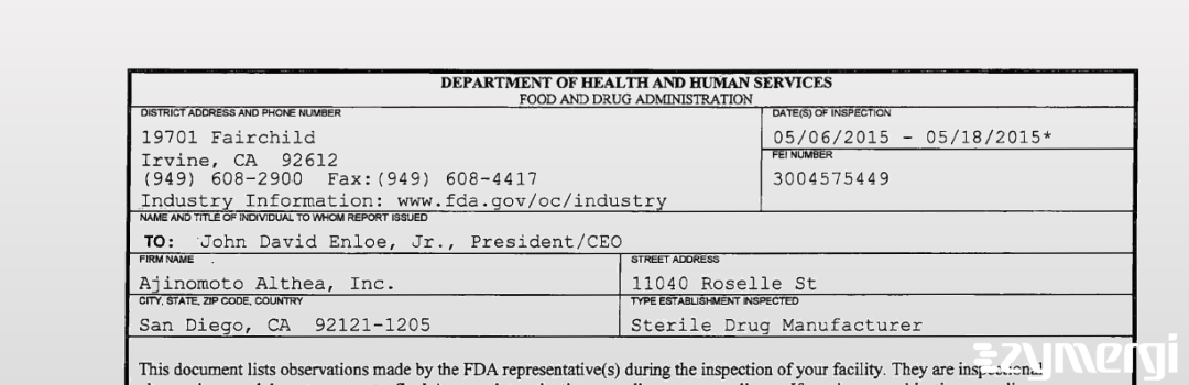 FDANews 483 Ajinomoto Althea, Inc. May 18 2015 top