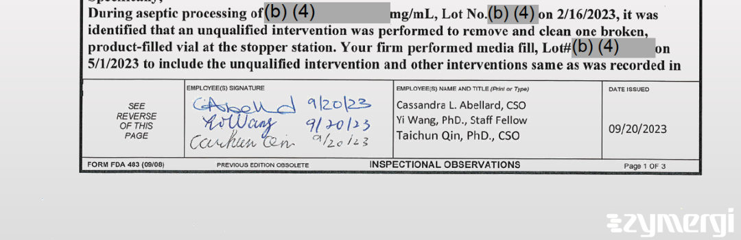 Taichun Qin FDA Investigator Yi Wang FDA Investigator Cassandra L. Abellard FDA Investigator 