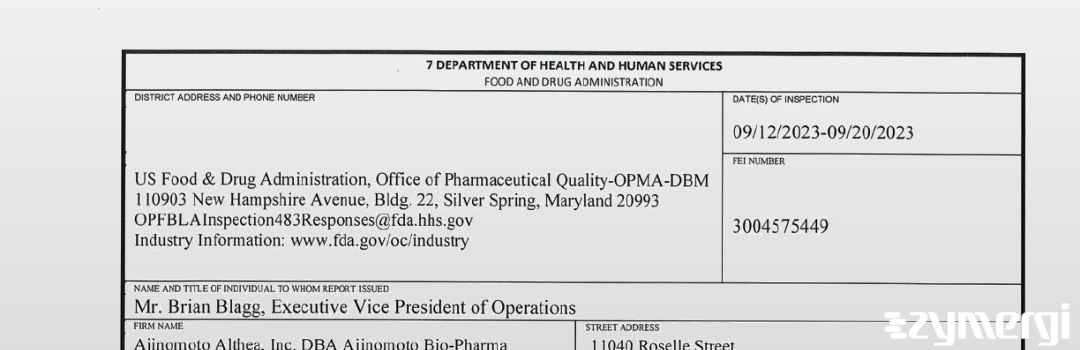 FDANews 483 Ajinomoto Althea, Inc. Sep 20 2023 top