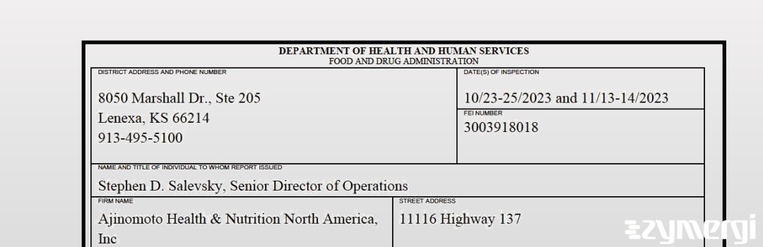 FDANews 483 Ajinomoto Health & Nutrition North America, Inc. Nov 14 2023 top