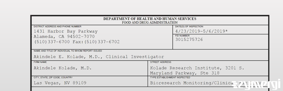 FDANews 483 Akindele E. Kolade, M.D. May 6 2019 top