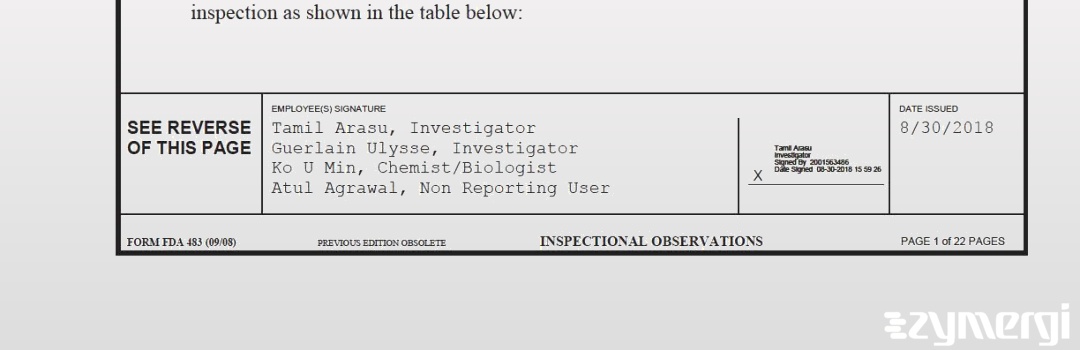 Tamil Arasu FDA Investigator Atul Agrawal FDA Investigator Ko U. Min FDA Investigator Guerlain Ulysse FDA Investigator 