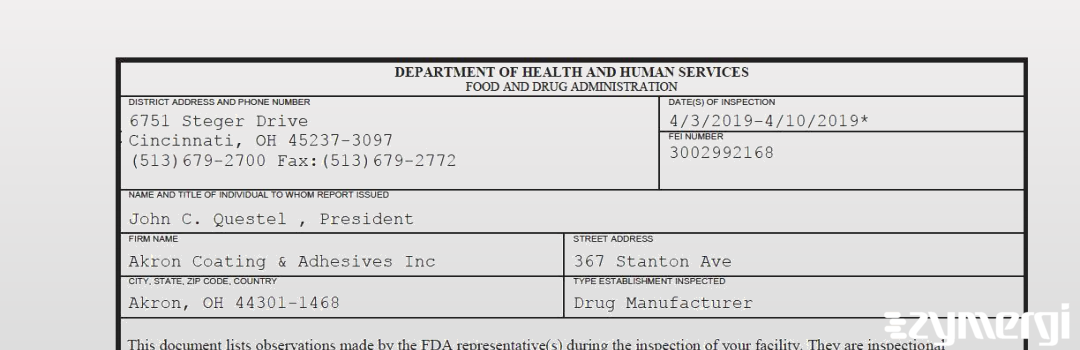 FDANews 483 Akron Coating & Adhesives Inc Apr 10 2019 top