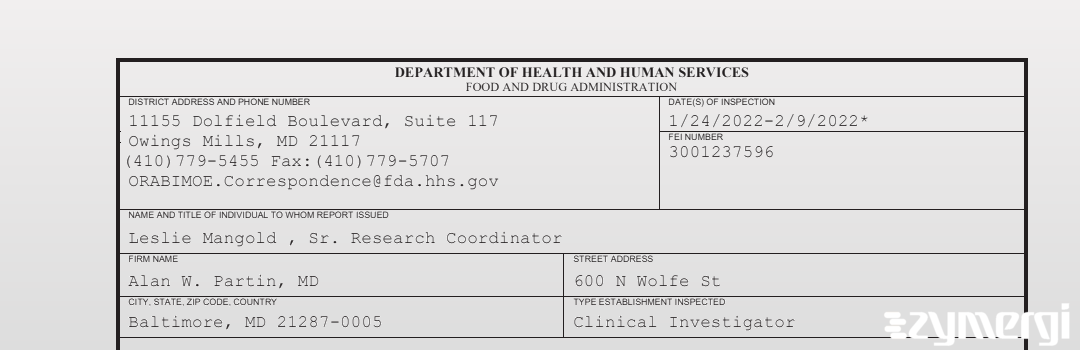 FDANews 483 Alan W. Partin, MD Feb 9 2022 top