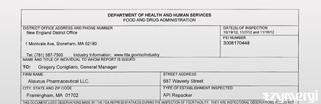 FDANews 483 Alaunus Pharmaceutical, LLC Nov 16 2012 top