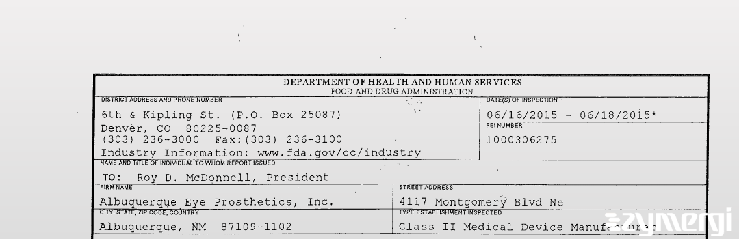 FDANews 483 Albuquerque Eye Prosthetics, Inc. Jun 18 2015 top