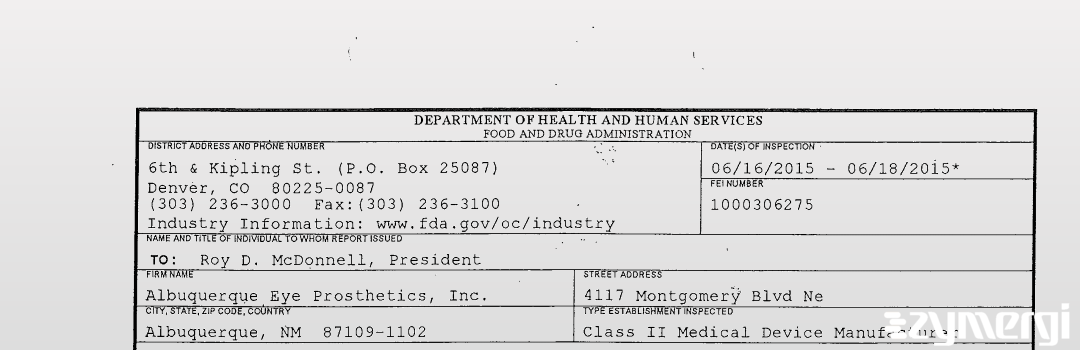 FDANews 483 Albuquerque Eye Prosthetics, Inc. Jun 18 2015 top