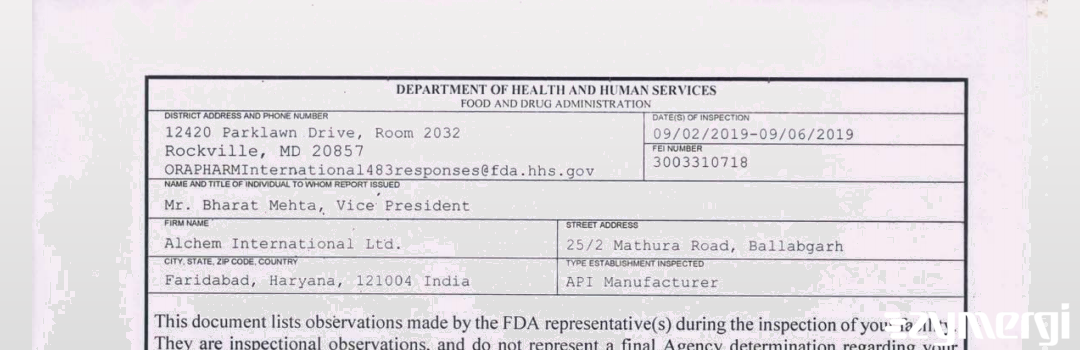 FDANews 483 Alchem International Ltd. Sep 6 2019 top