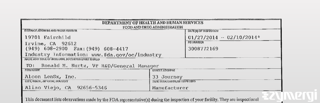 FDANews 483 Alcon LenSx, Inc. Feb 10 2014 top