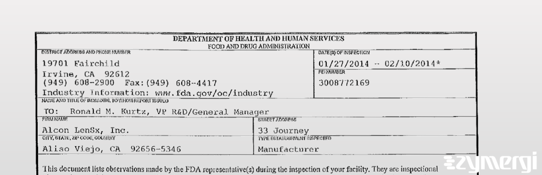 FDANews 483 Alcon LenSx, Inc. Feb 10 2014 top