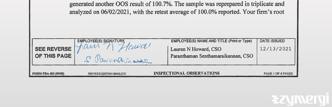 Lauren N. Howard FDA Investigator Paranthaman SenthamaraiKannan FDA Investigator Paranthaman Senthamarai Kannan FDA Investigator Senthamarai Kannan, Paranthaman FDA Investigator 