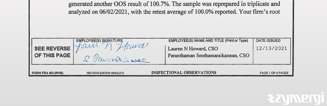 Lauren N. Howard FDA Investigator Paranthaman SenthamaraiKannan FDA Investigator Paranthaman Senthamarai Kannan FDA Investigator