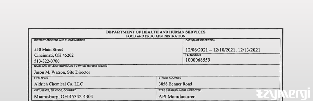 FDANews 483 Aldrich Chemical Co. LLC Dec 13 2021 top