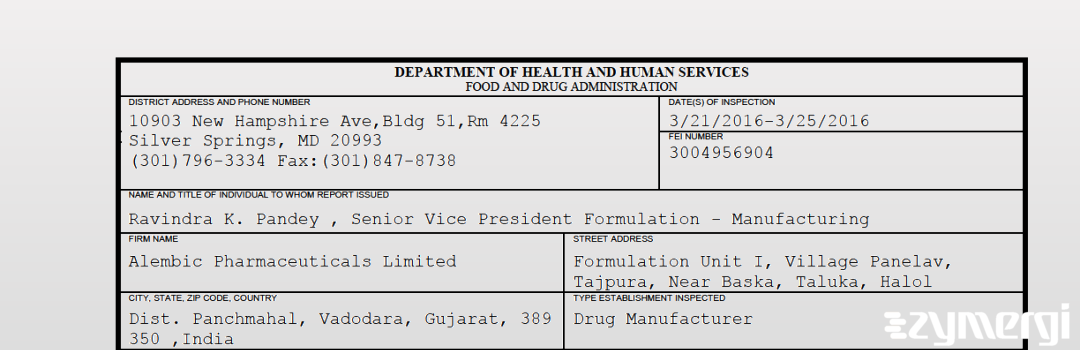 FDANews 483 Alembic Pharmaceuticals Limited Mar 25 2016 top