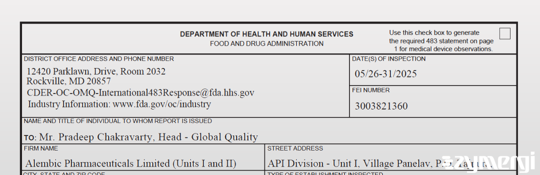 FDANews 483 Alembic Pharmaceuticals Limited May 31 2025 top
