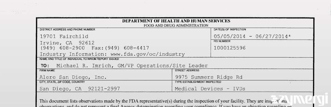 FDAzilla 483 Alere San Diego, Inc. Jun 27 2014 top