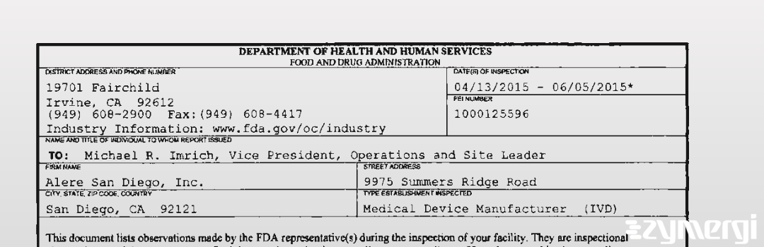 FDANews 483 Alere San Diego, Inc. Jun 5 2015 top