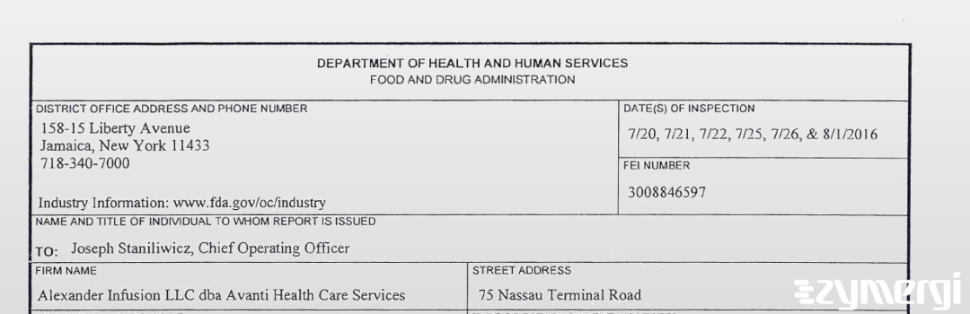 FDANews 483 Alexander Infusion LLC D/B/A Avanti Health Care Aug 1 2016 top