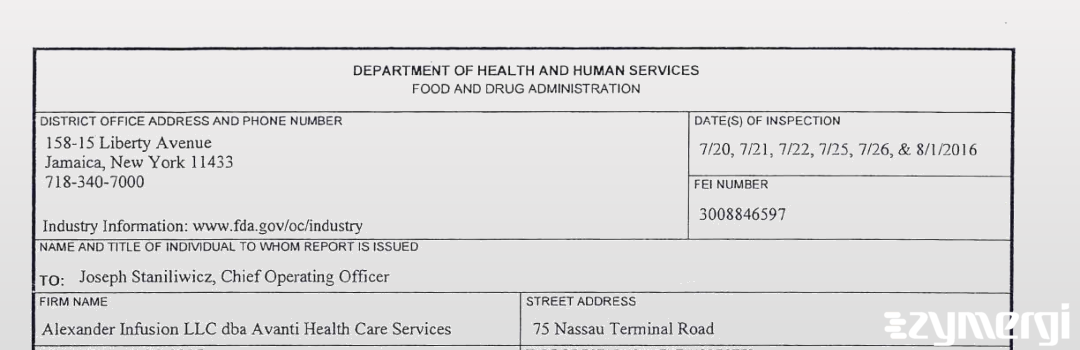 FDANews 483 Alexander Infusion LLC D/B/A Avanti Health Care Aug 1 2016 top