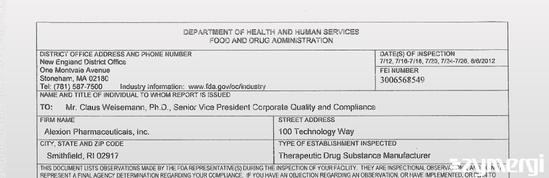 FDANews 483 Alexion Pharmaceuticals, Inc. Aug 6 2012 top